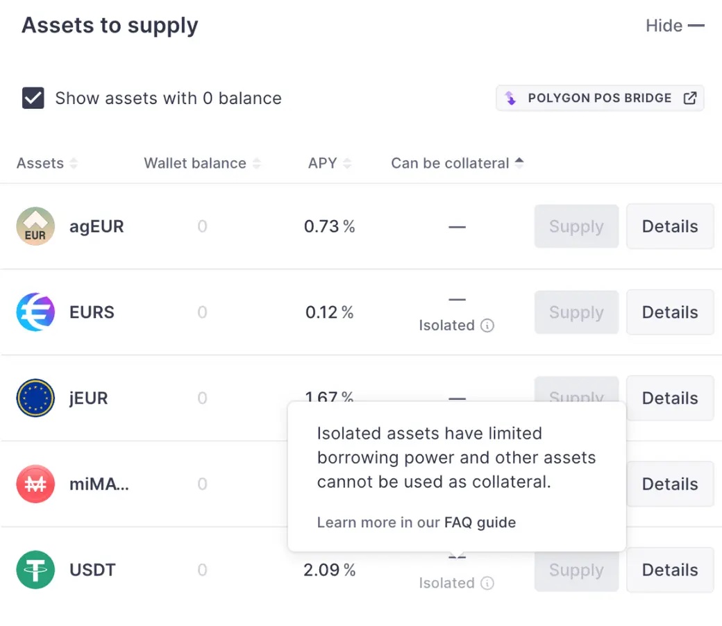 Aave lending isolated assets