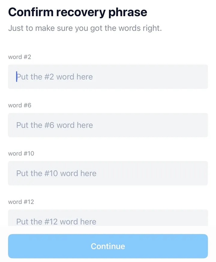 Crypto.com DeFi Wallet seed phrase confirmation.