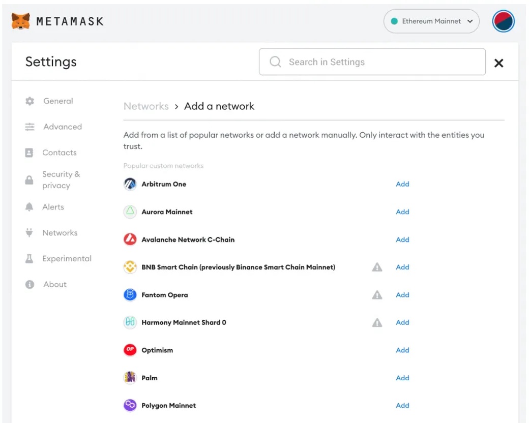 MetaMask add networks