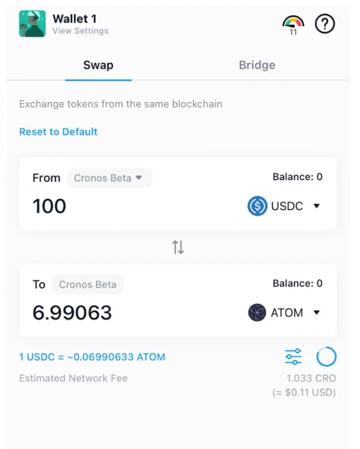 Crypto.com DeFi Wallet swapping crypto