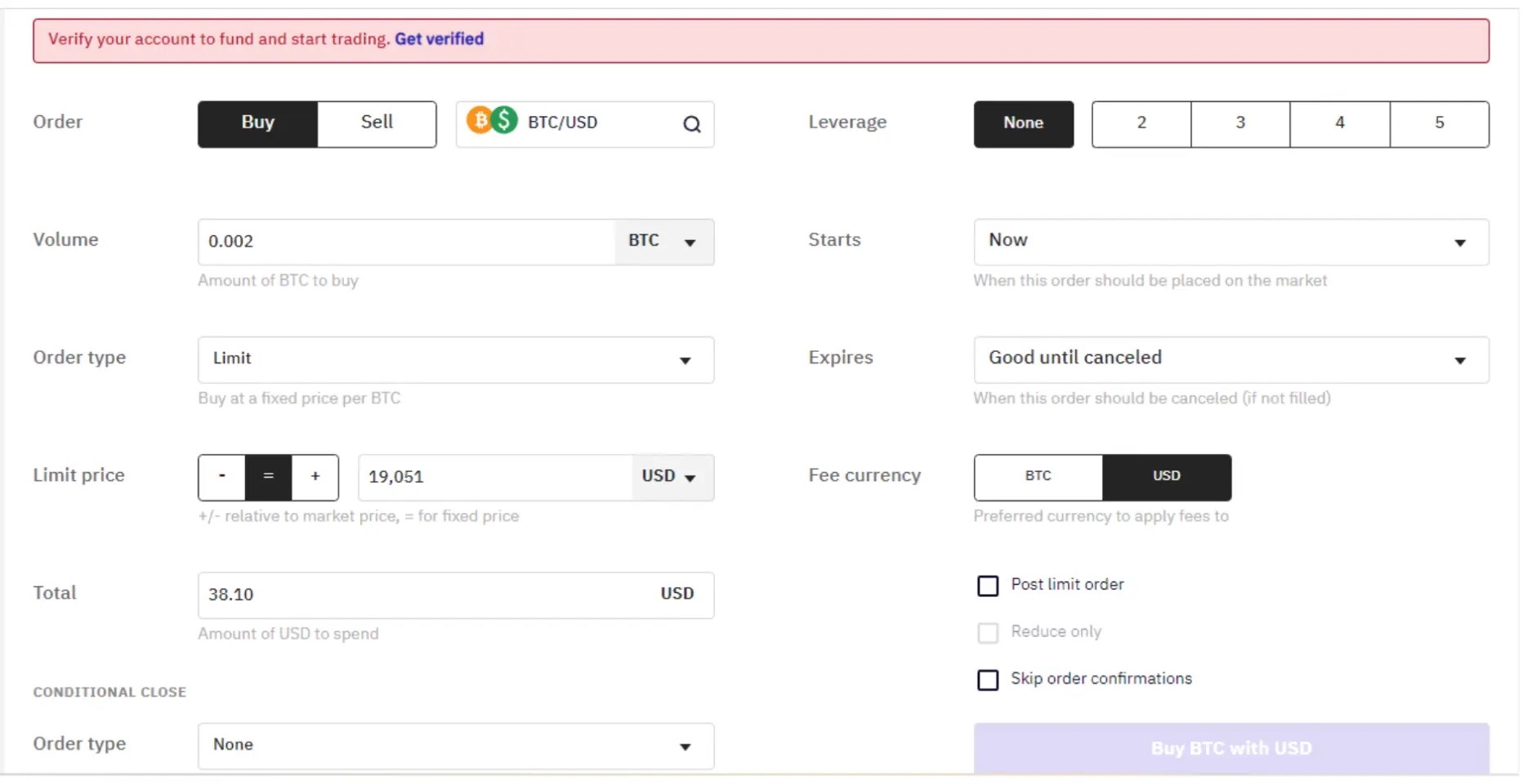 Spot trading screen on Kraken