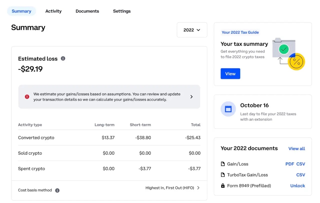Taxes summary on Coinbase