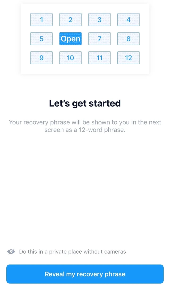 Crypto.com DeFi Wallet seed phrase starting screen.