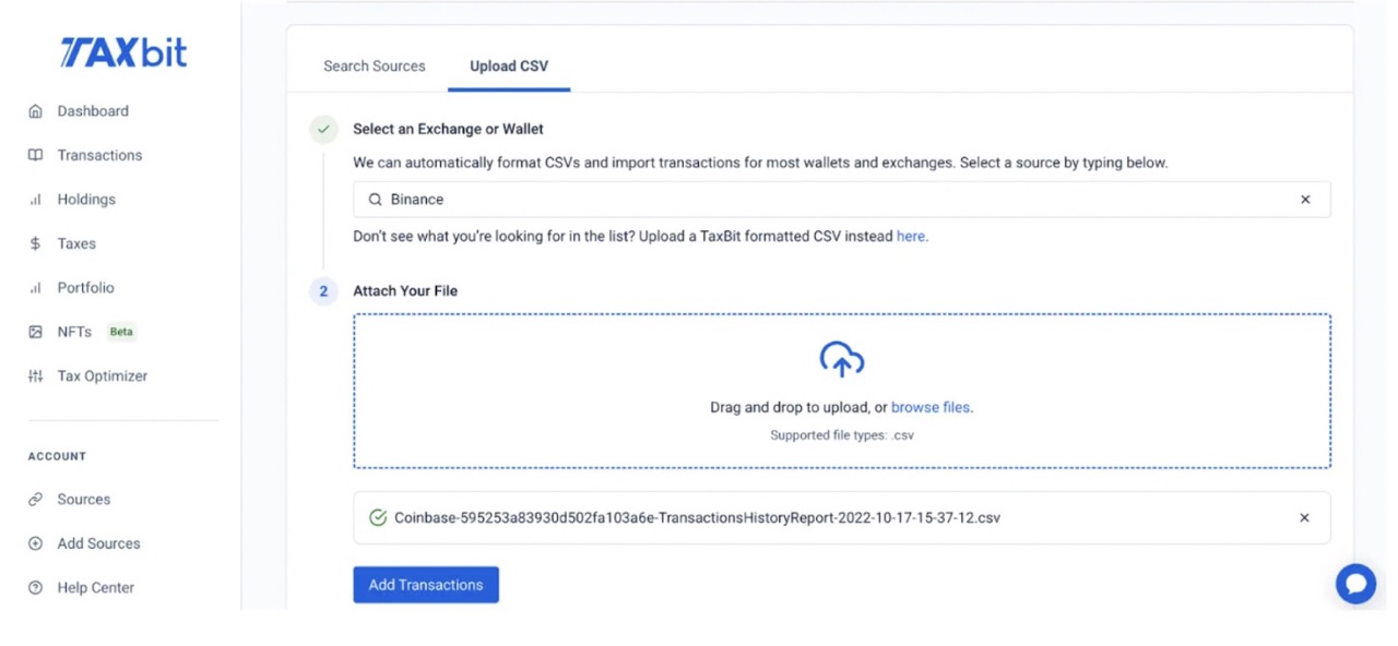 Directions for uploading a CSV file to TaxBit