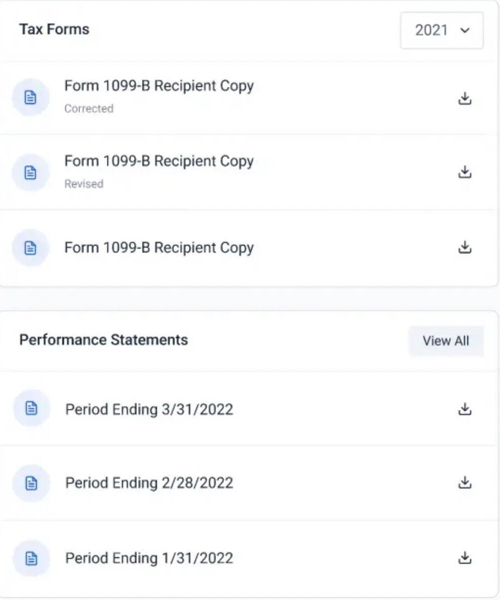 Screenshot of tax forms and performance statements on TaxBit