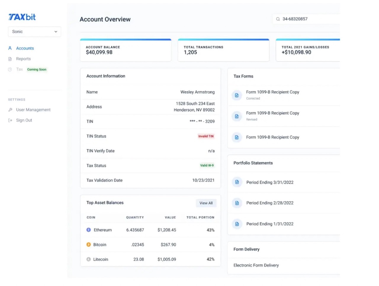 Screenshot of the account overview screen on TaxBit