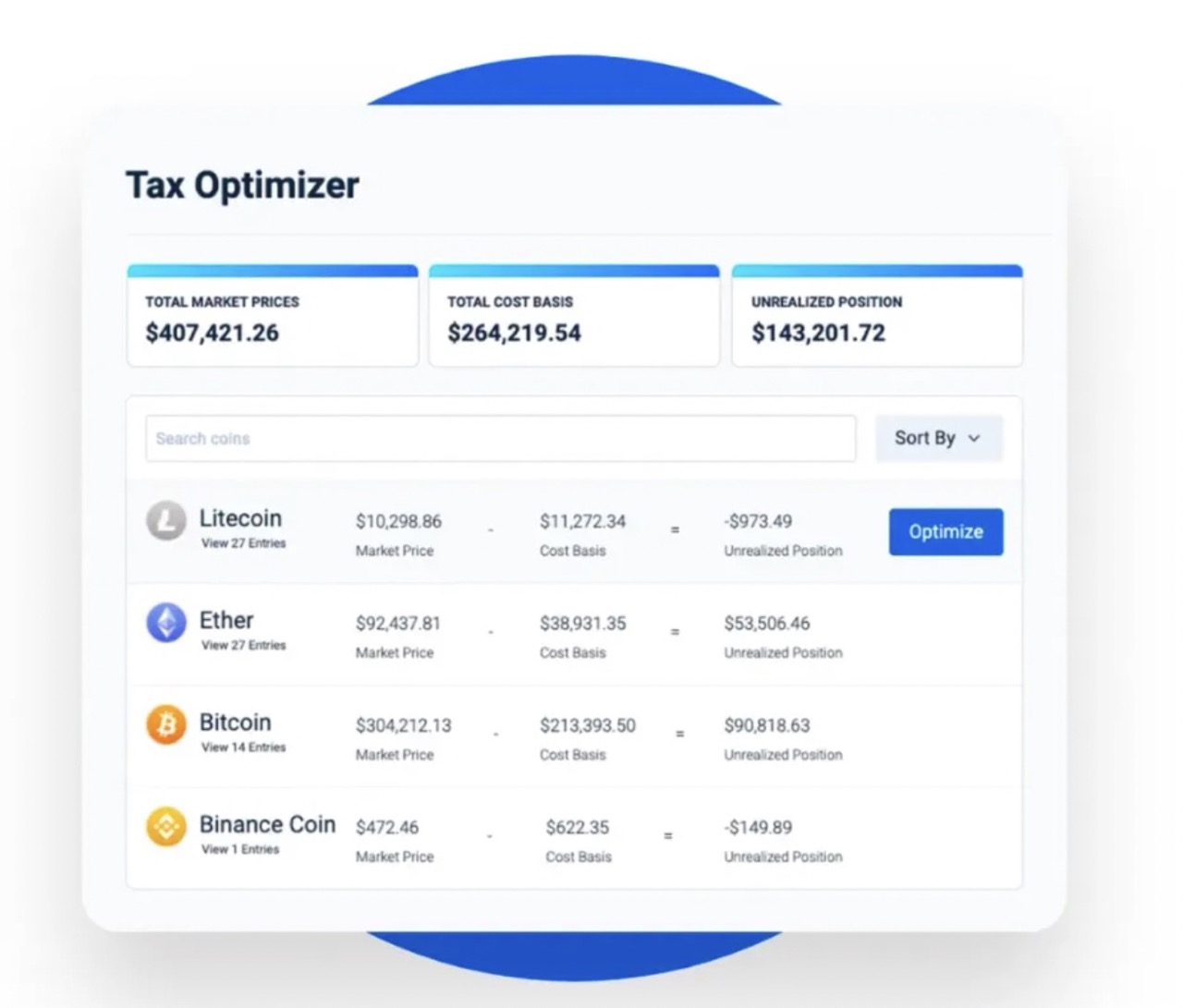 Screenshot of the tax optimizer tool on TaxBit