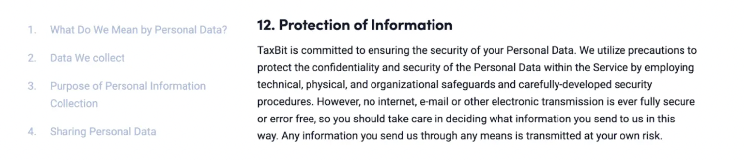 A screenshot of TaxBit's customer data encryption information