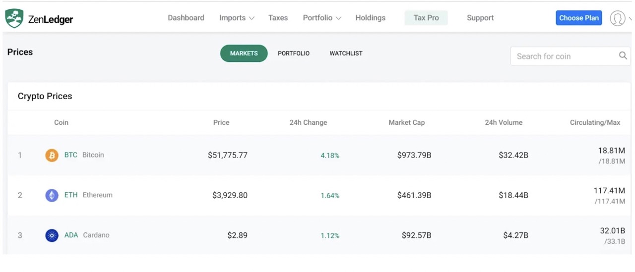 Crypto portfolio tracker on ZenLedger