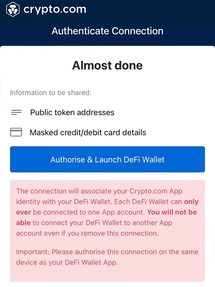 Crypto.com DeFi Wallet identity connection disclosure.