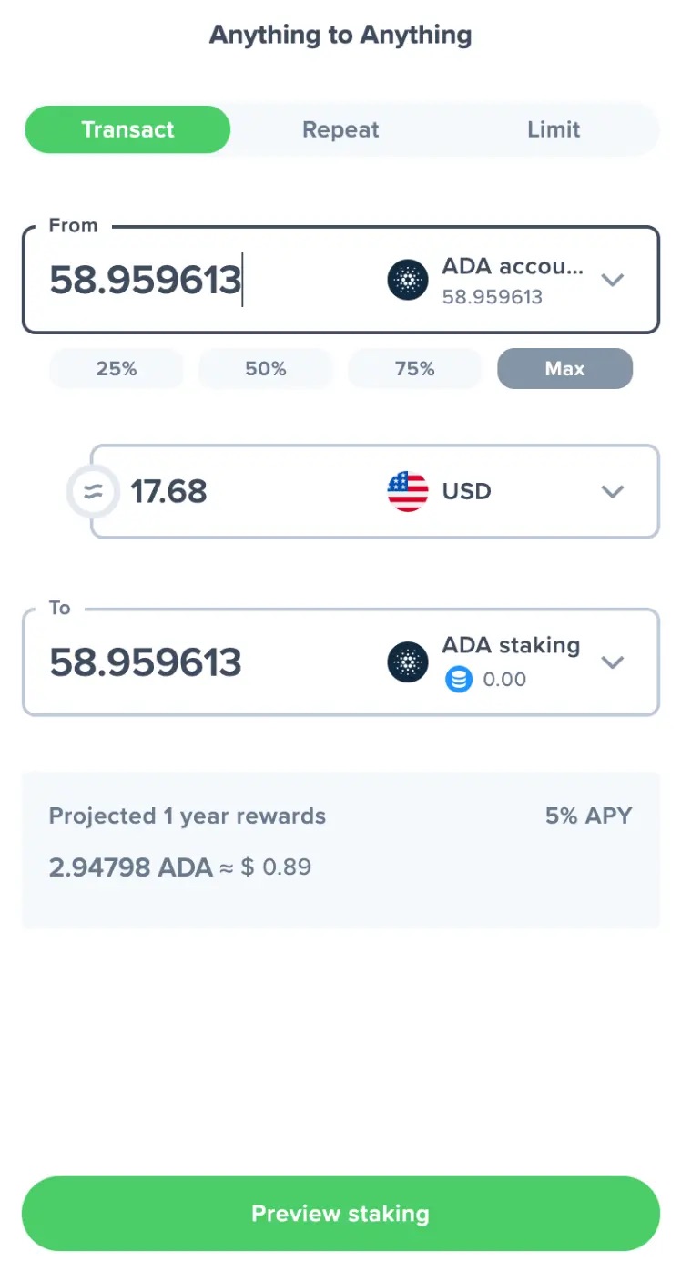 Uphold choose ADA staking amount