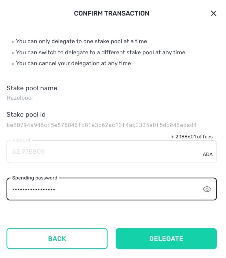 Yoroi wallet confirm ADA staking transaction