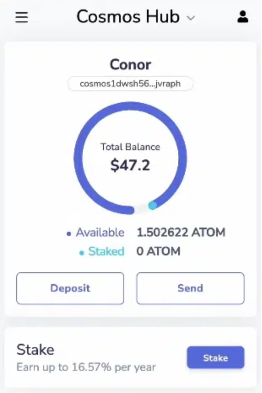Cosmos Hub mobile app dashboard