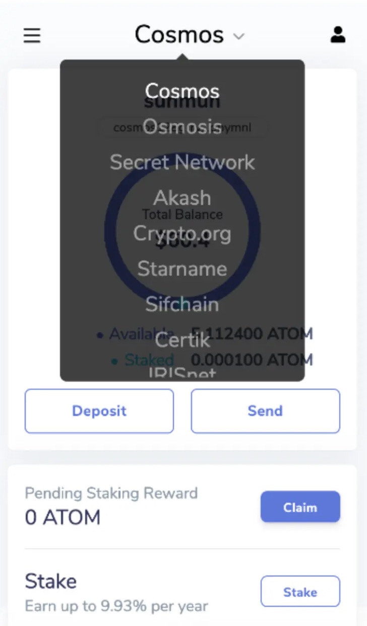 Selecting Cosmos from a list of blockchains in a wallet