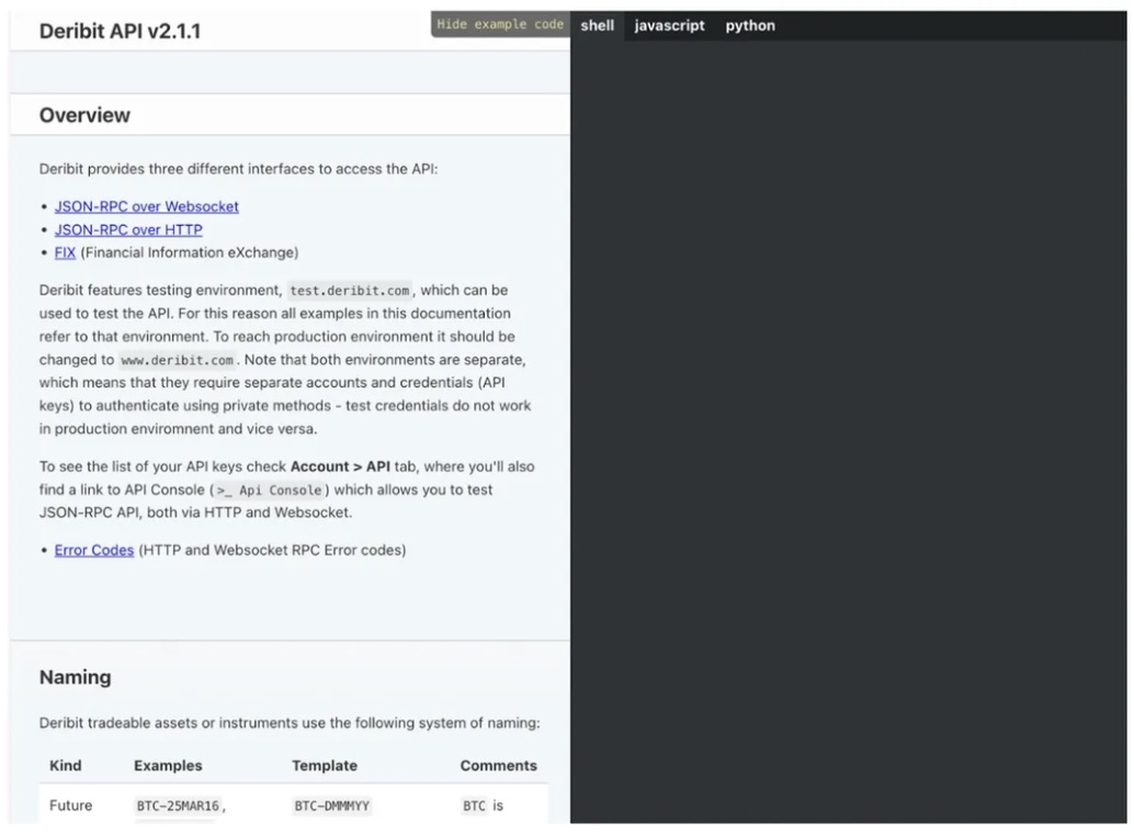 API overview screen on Deribit