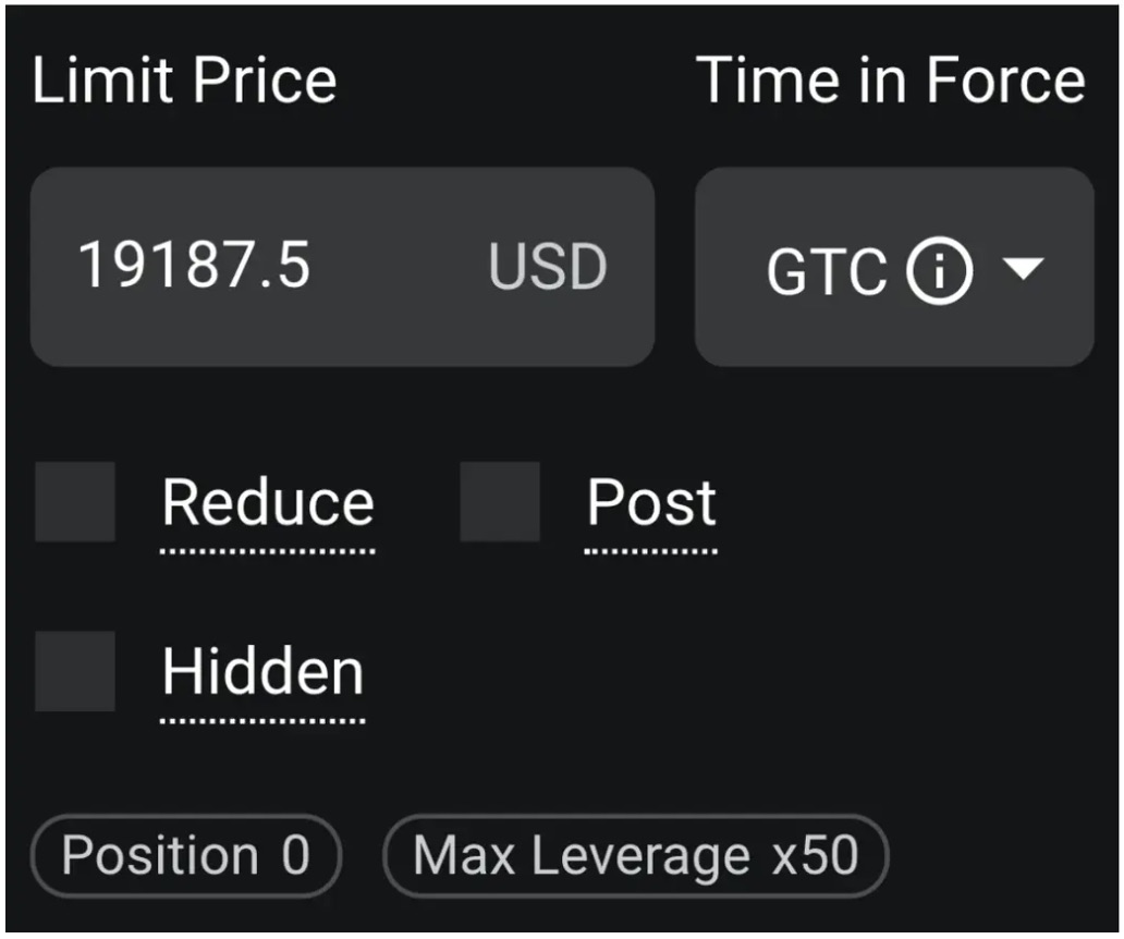 Advanced order trade screen on Deribit