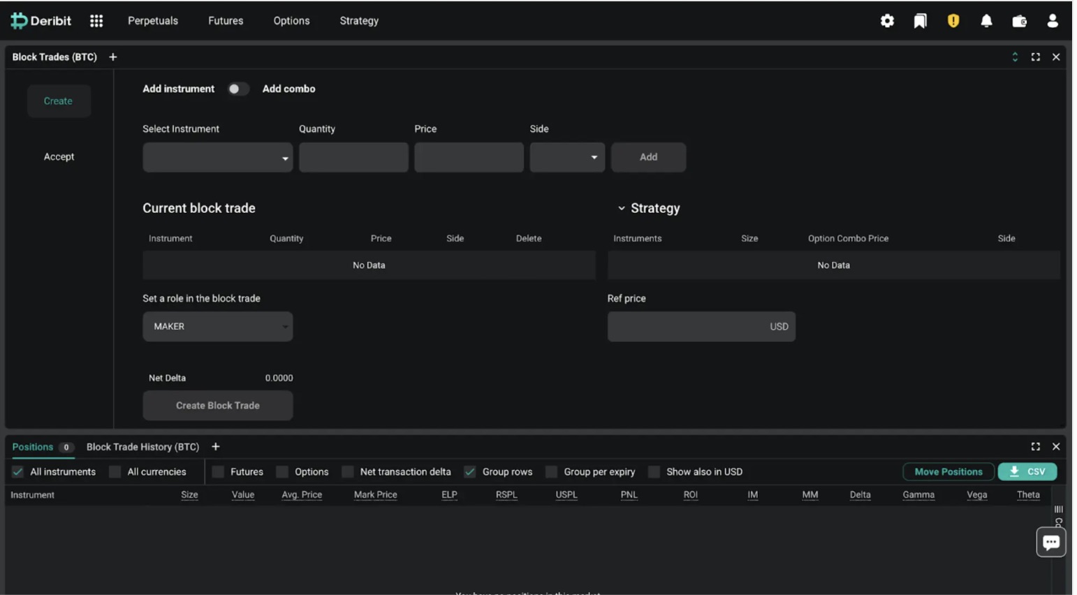 Block trade functionality on Deribit