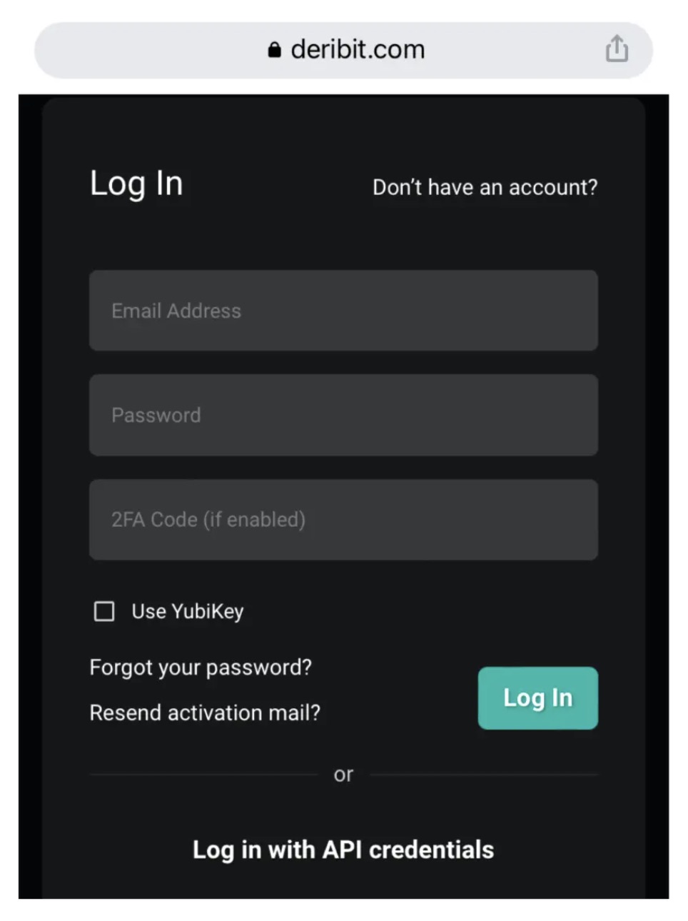 Log in to Deribit screen