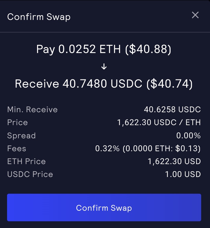 Swap confirmation screen on GMX
