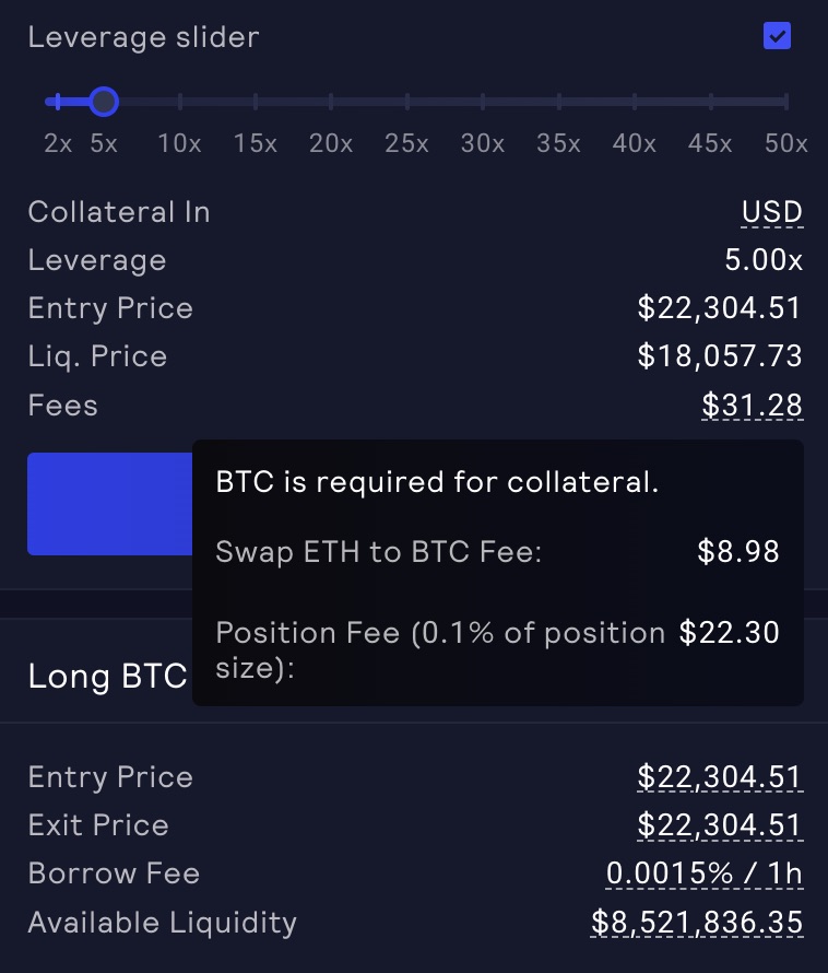 Leverage slider tool on GMX