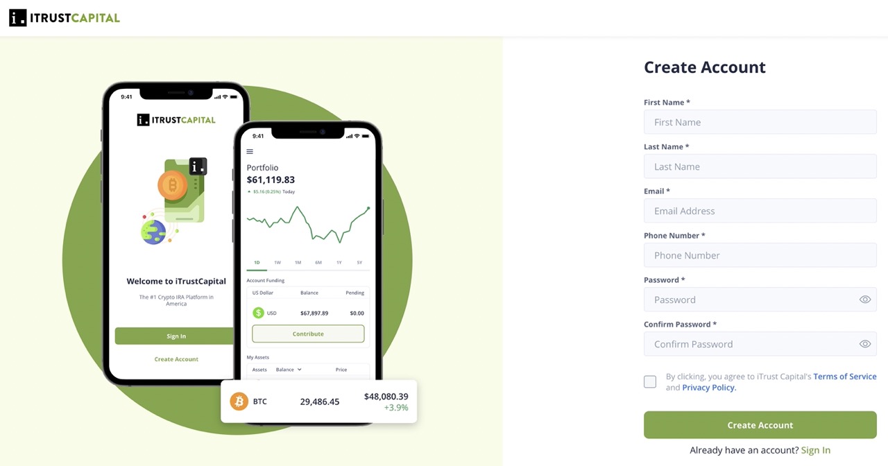 Create an account on iTrustCapital screen