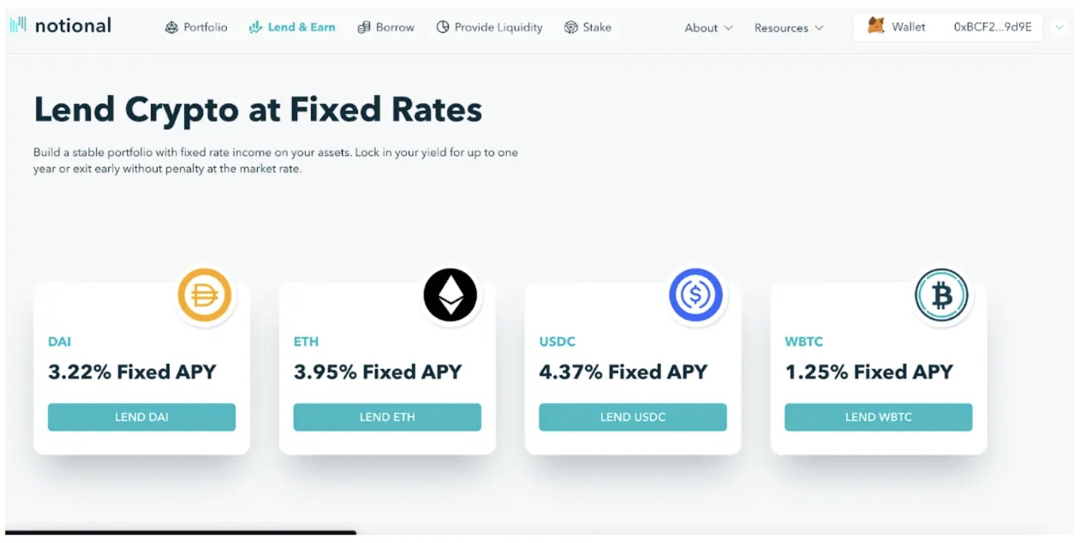 Notional Finance overview of apy