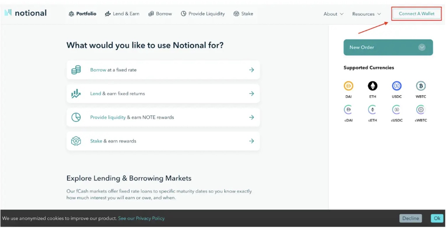 Notional Finance App connect wallet