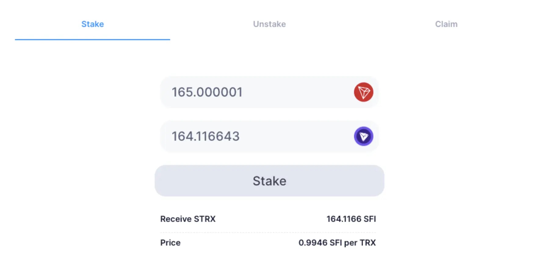 Tron liquid staking choose amount