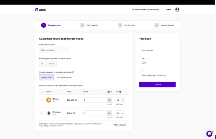 Arch Lending loan interface