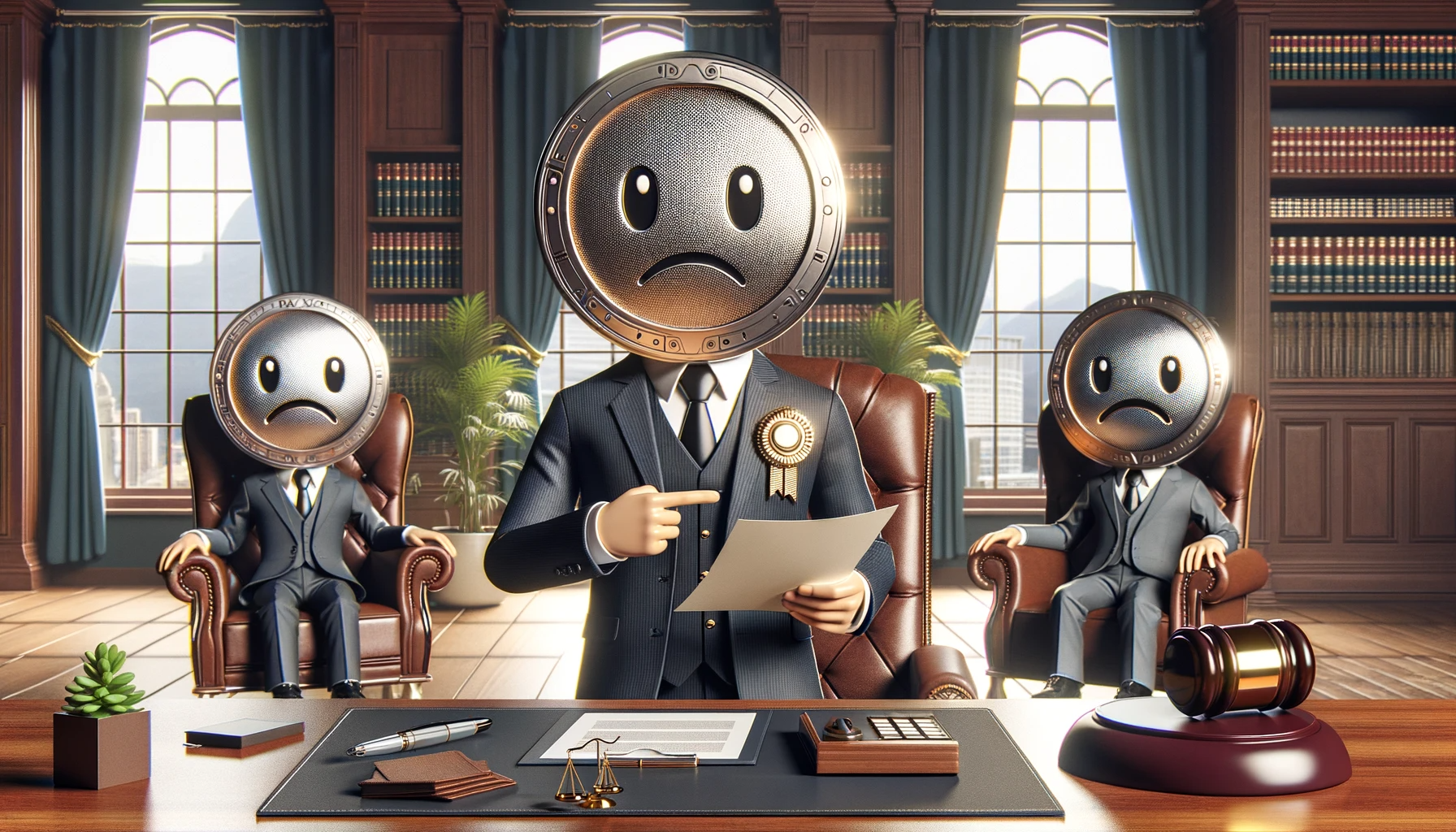 Create a futuristic coin character of a sleuth dressed up with a serious face giving warning to investors