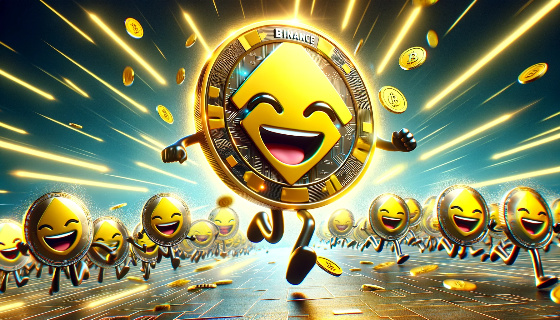 A futuristic coin character, gleaming with a dynamic surge effect, is flying through the air, its value skyrocketing after being listed on a major cryptocurrency exchange. The coin has a large, cheerful smile, giving off an aura of success and optimism. In the background, numerous other coin characters are in a frenzied chase, trying to catch up with the soaring coin. Amidst them, subtly integrated, is the Binance logo, signifying the influence of the exchange on the coin's sudden rise. The scene is captured in landscape resolution, symbolizing the wide-reaching impact of the event.