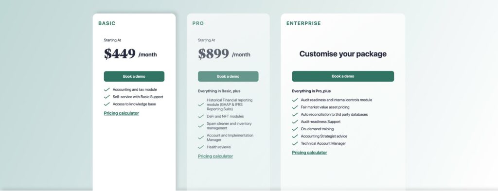 Cryptio pricing schedule, starting at $449 per month.