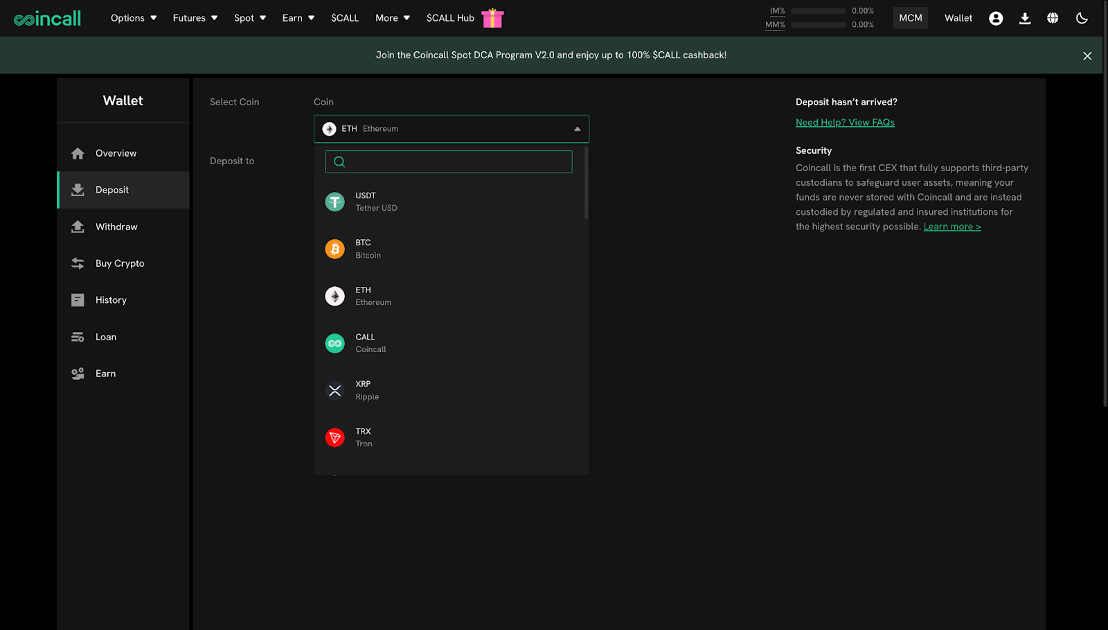 Coincall token deposit options