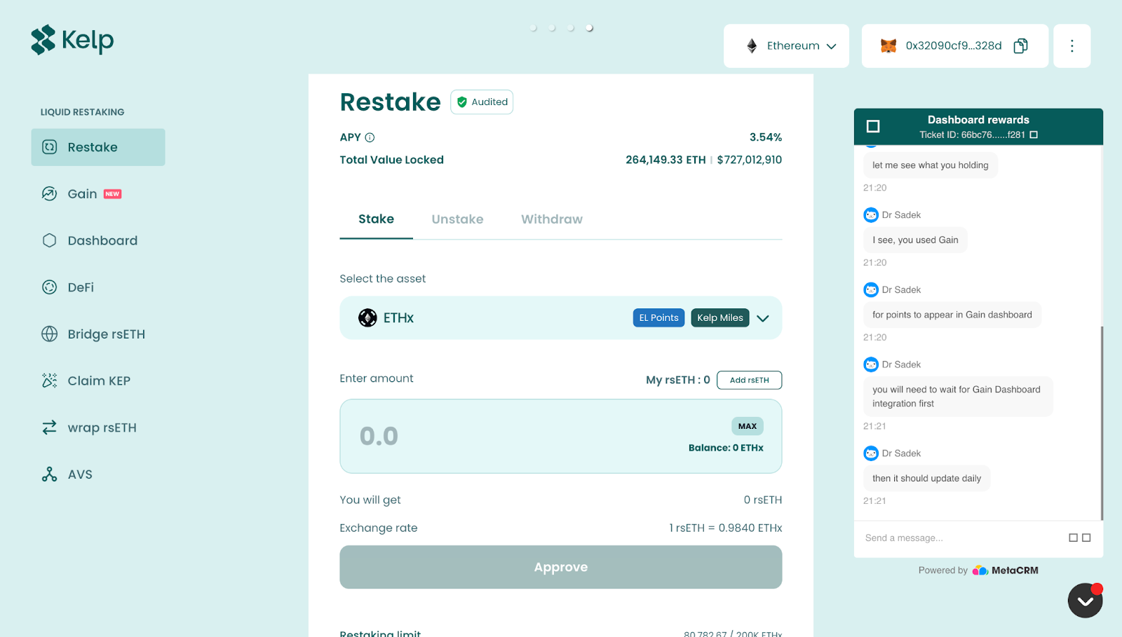 Kelp DAO support ticket chat system