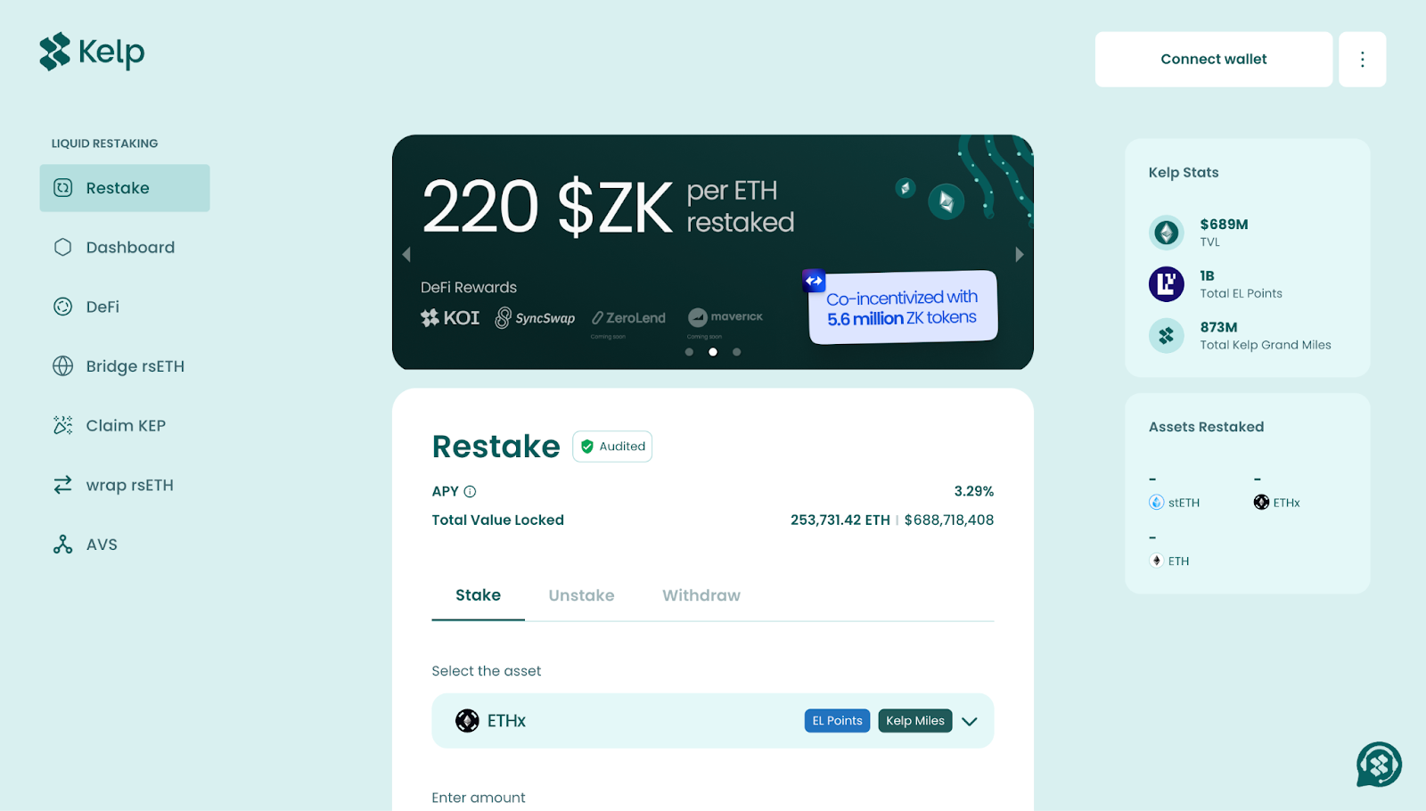 Kelp DAO restaking UI