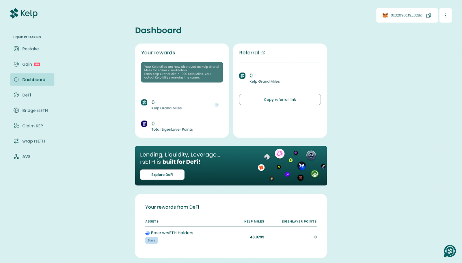 Kelp DAO dashboard for tracking rewards