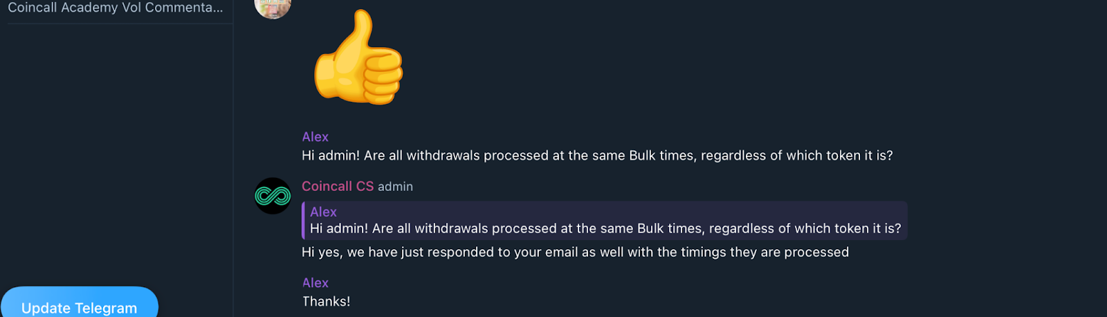 Coincall support messages in their Telegram channel