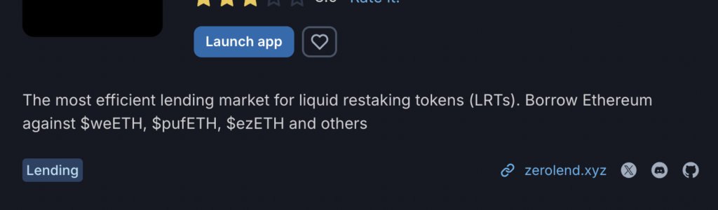 The information description box for ZeroLend on DAppscout.