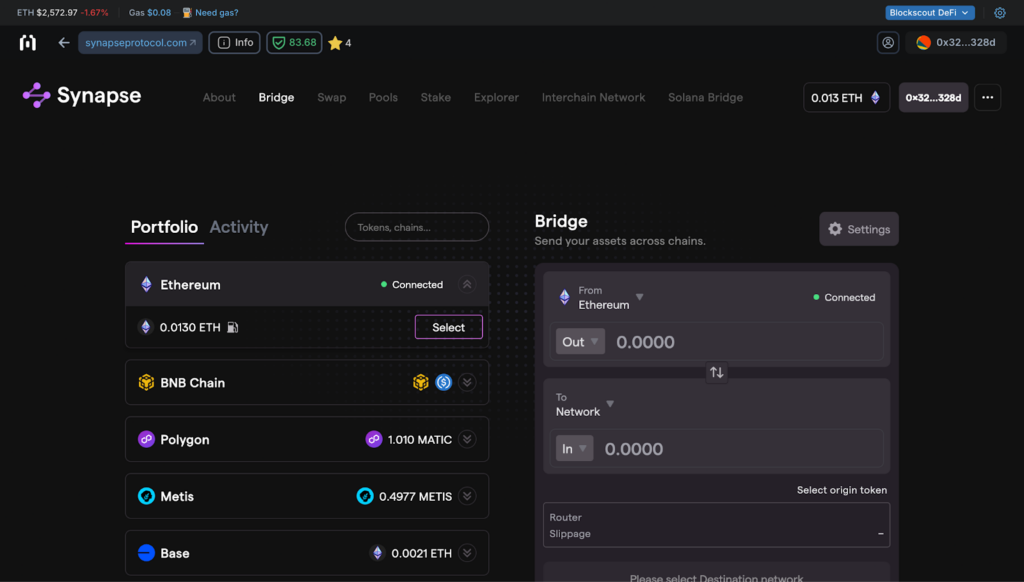 Synapse DApp opened within DAppscout.