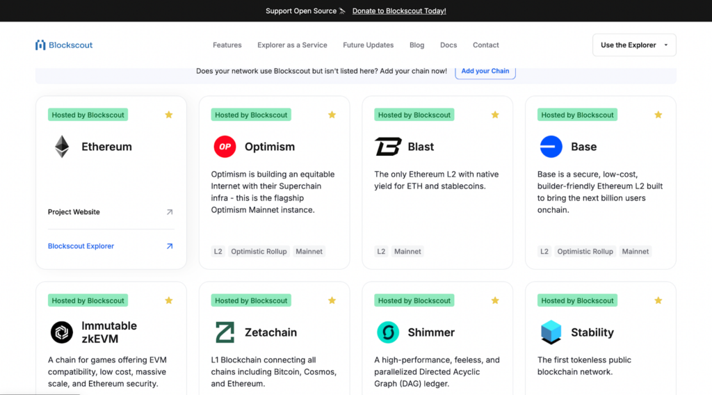 Supported networks on Blockscout, with quick links.