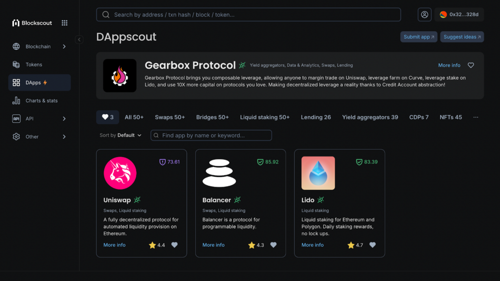 The "favorites" tab on DAppscout for favorited DApps