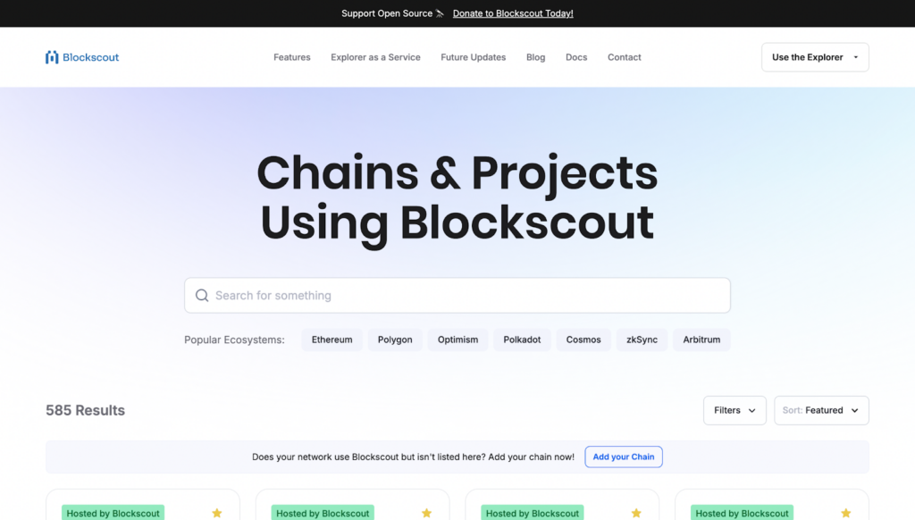 The Blockscout homepage.