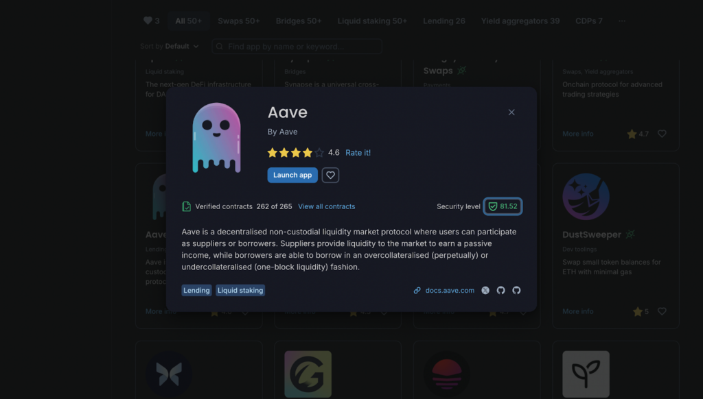 Pop-up summary for the Aave DApp on DAPPscout.