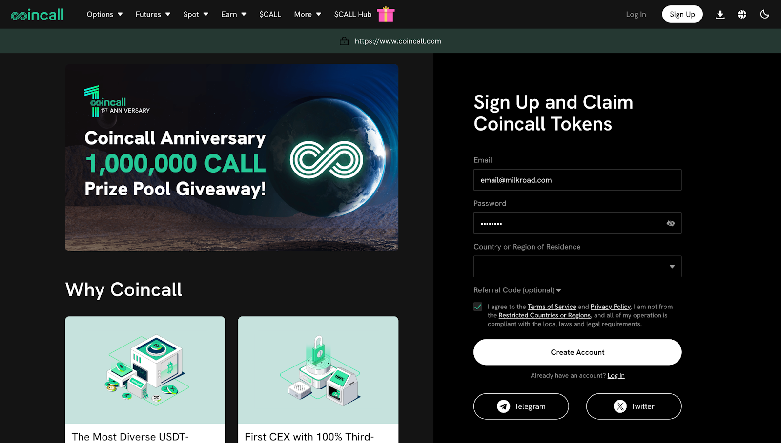 Coincall exchange sign-up page