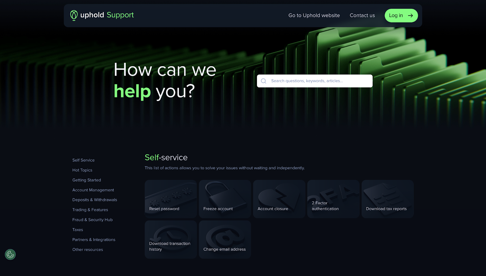 Uphold support home page, with self-service