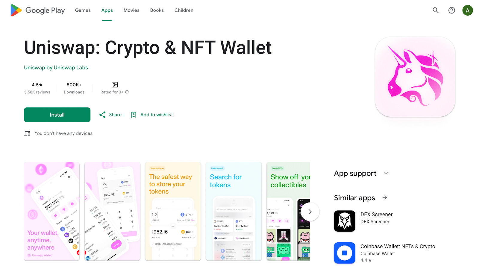 The Google Play app page for the Uniswap Wallet for mobile.