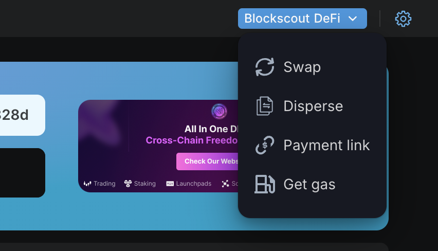 The Blockscout DeFi dropdown menu, with available shortcuts.