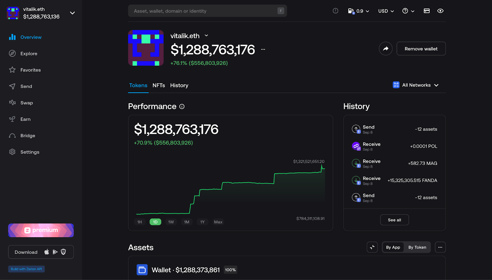 Zerion overview for Vitalik's public address.