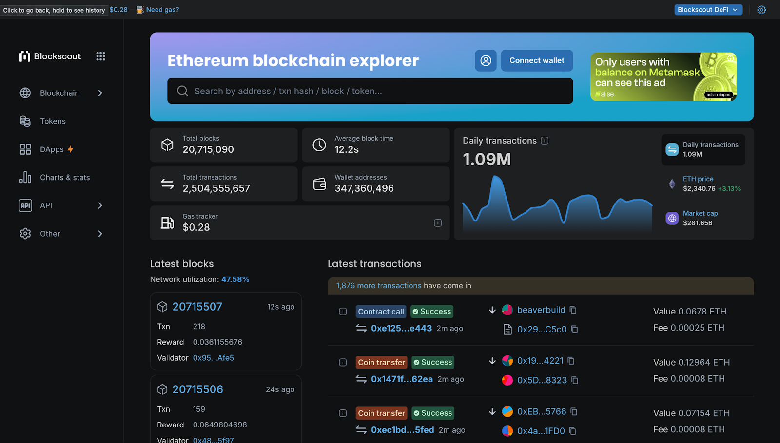 The starting page for Blockscout on Ethereum Mainnet.