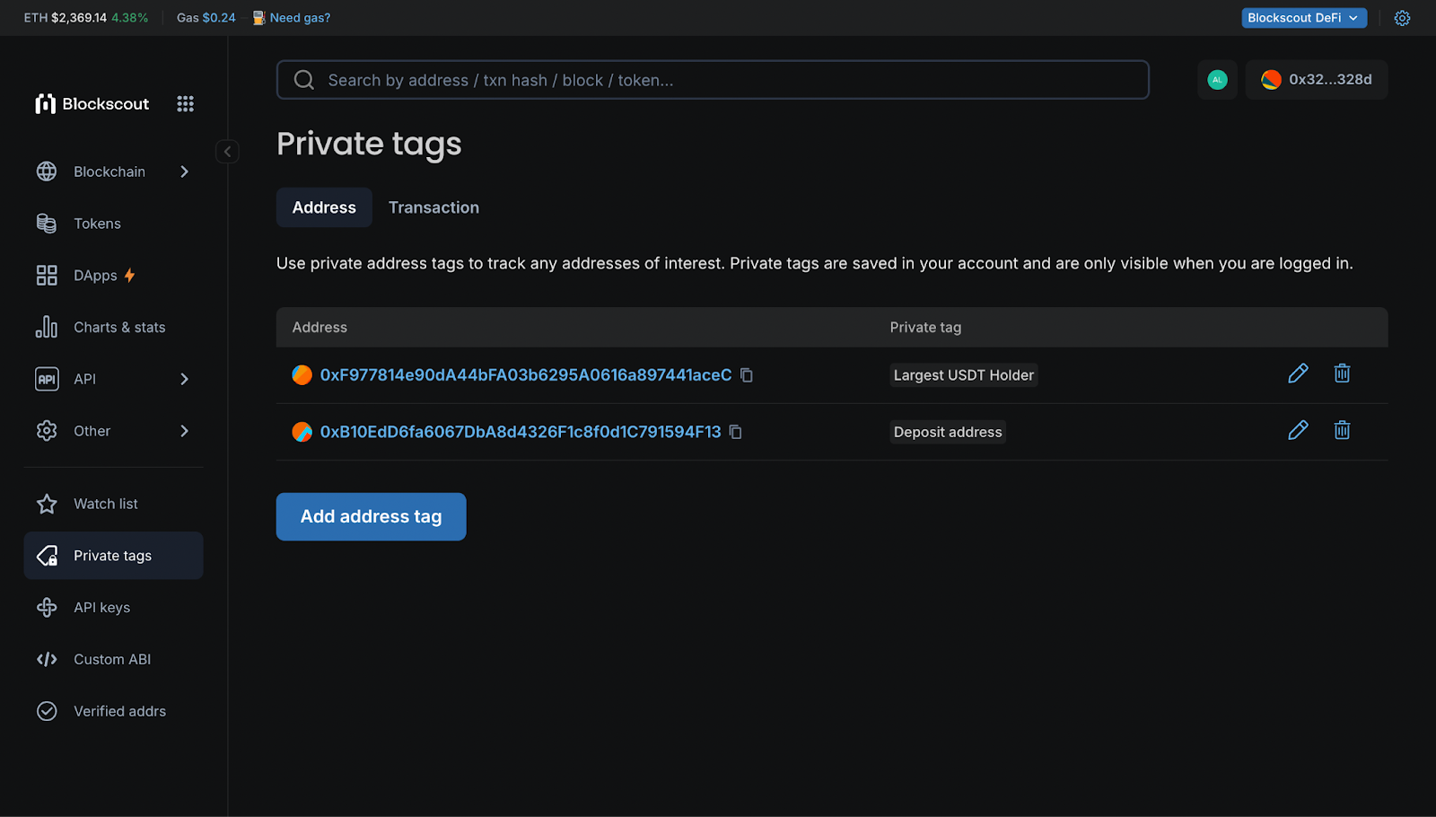Private tag list within a Blockscout user account.